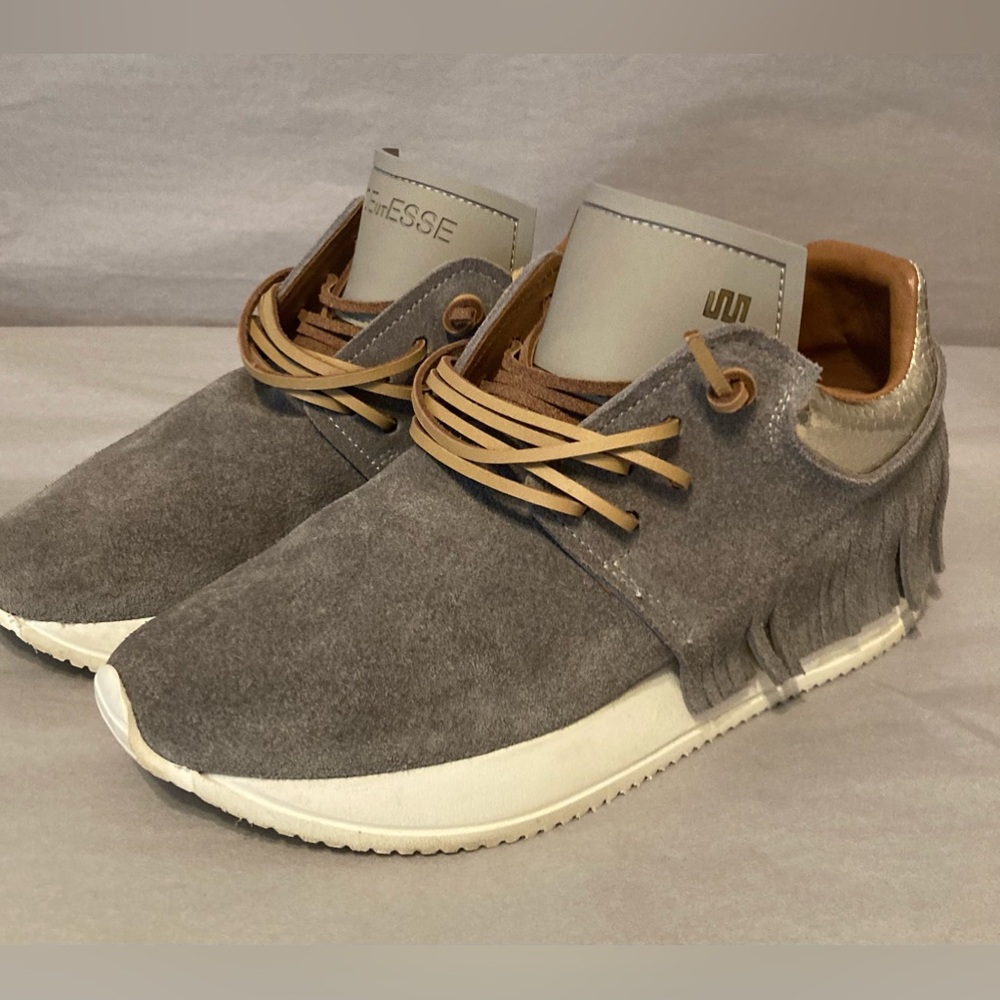 Esse Ut Esse Shoes Sneaker Gray Suede Fringe Slip On Platform Lace Up Luxury